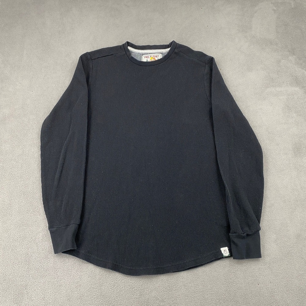 Free Planet Mens Small Black Waffle Knit Thermal Long Sleeve Shirt Curved Hem
